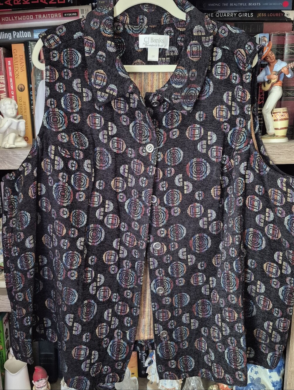 CJ Banks Black Multicolor Geometric Button-Front Vest